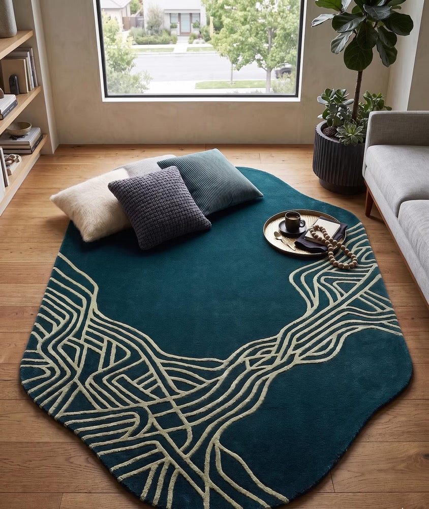 Abstract Blue Hand Tufted Rug, Wavy Line Modern Area Rug, Minimalist Irregular Carpet, Cozy Home Decor