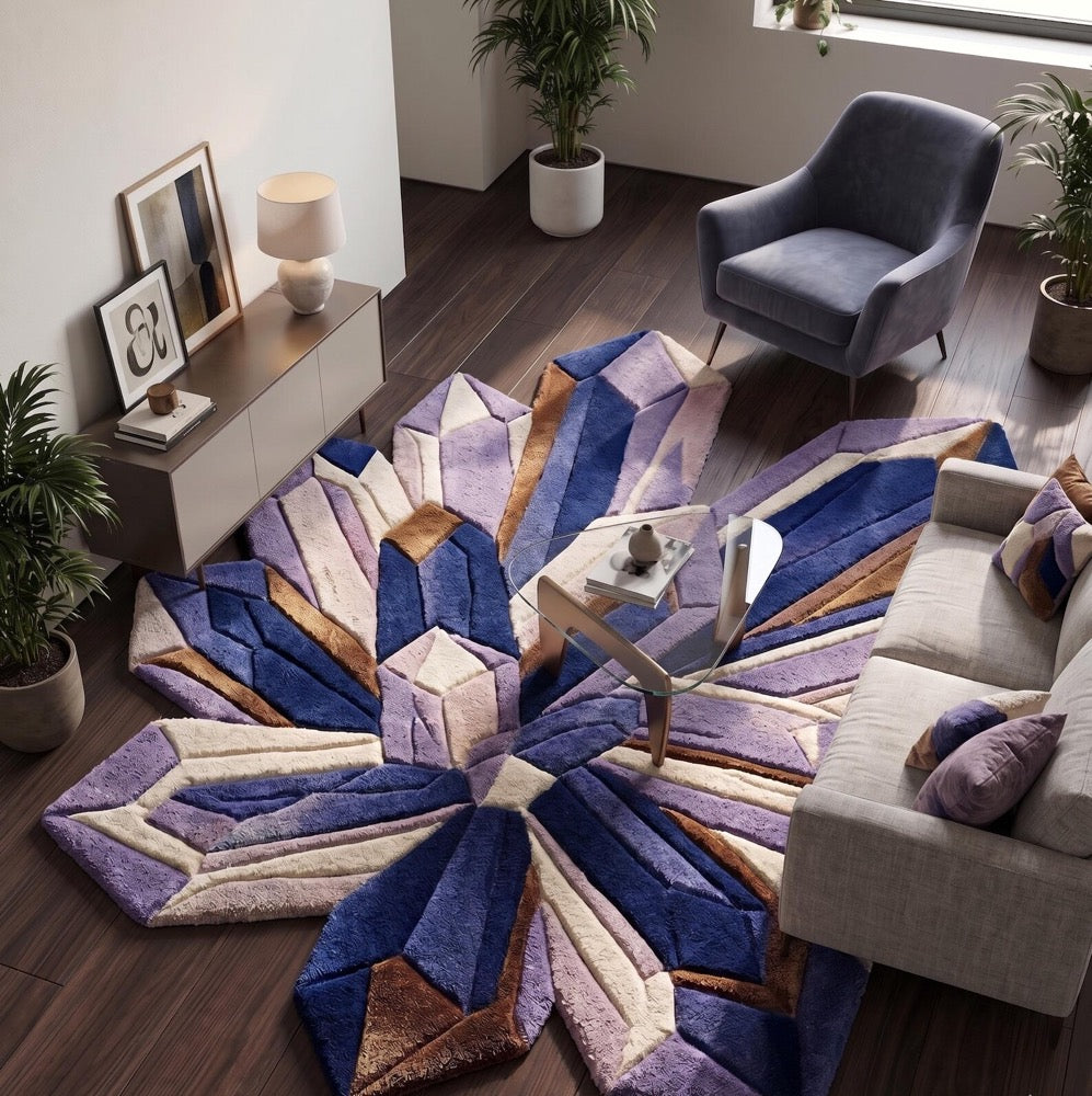 Crystal Cluster Hand Tufted Rug, Amethyst Geometric Area Carpet, Purple Blue Abstract Statement Rug, Modern Home Decor, Living Room decor
