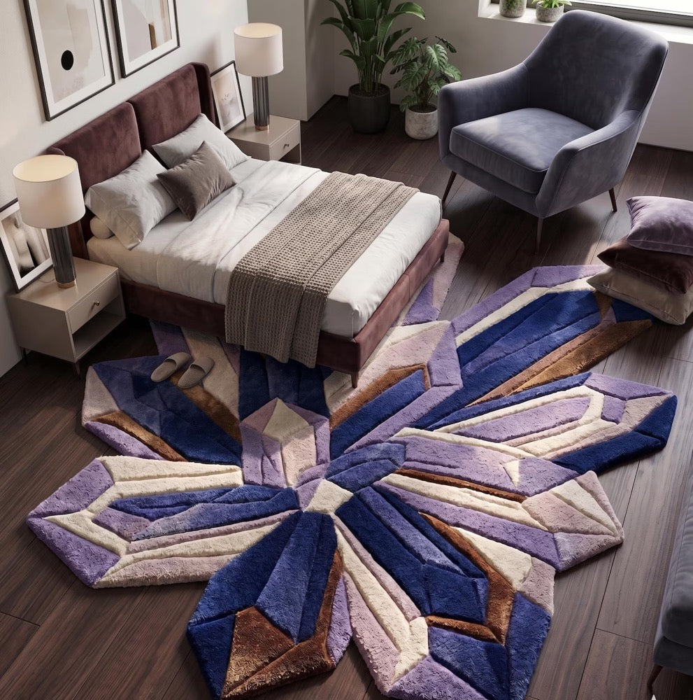 Crystal Cluster Hand Tufted Rug, Amethyst Geometric Area Carpet, Purple Blue Abstract Statement Rug, Modern Home Decor, Living Room decor