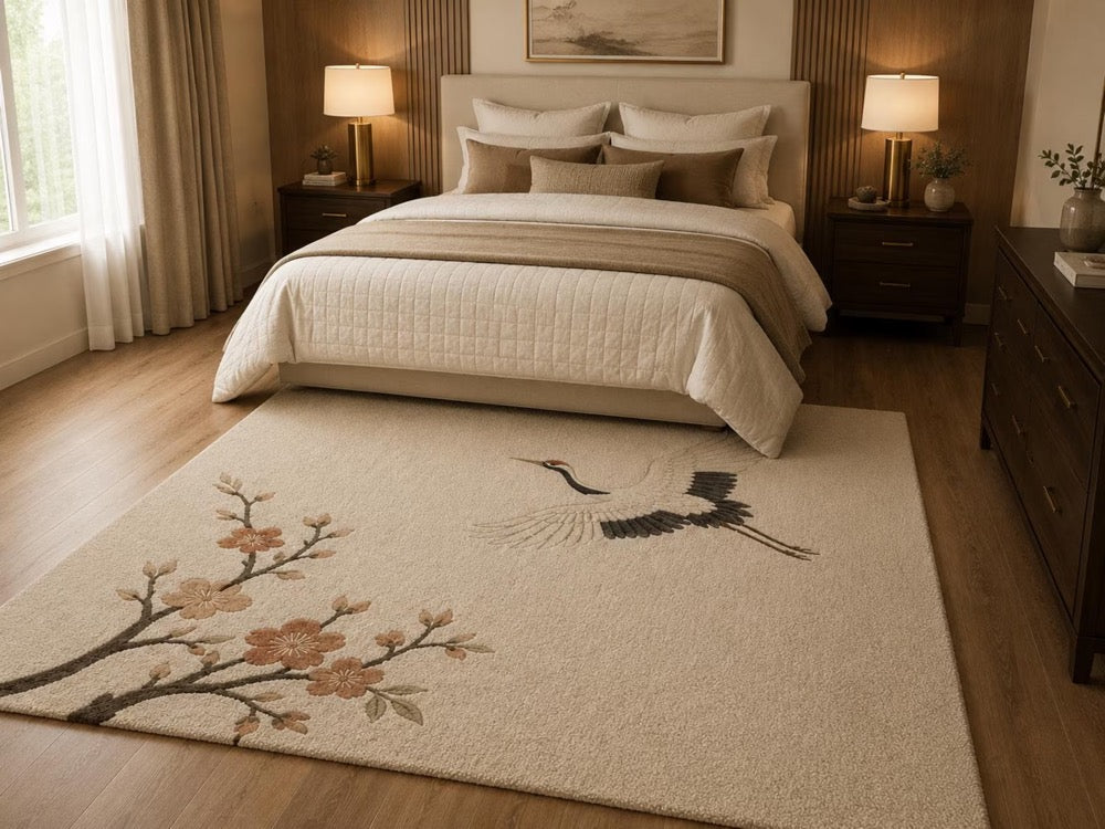 Hand Tufted Crane Cherry Blossom Area Rug – Japandi Zen Beige Carpet
