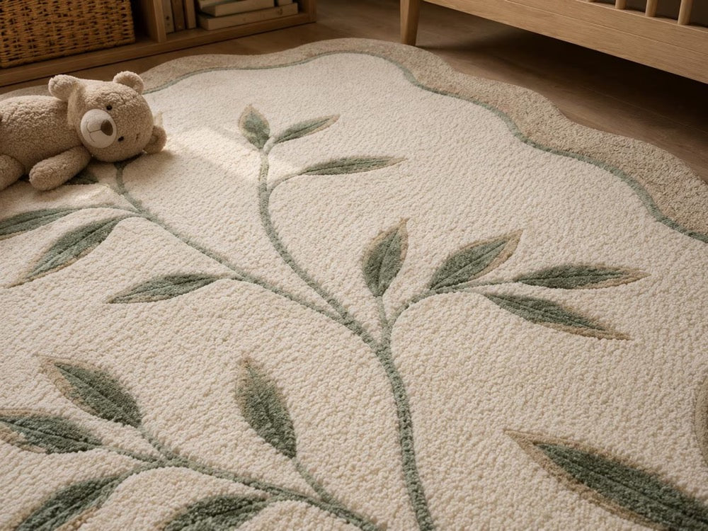 Hand Tufted Wool Botanical Leaf Scalloped Rug, Neutral Beige Sage Area Carpet