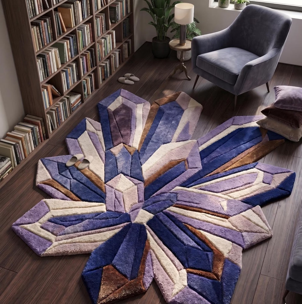 Crystal Cluster Hand Tufted Rug, Amethyst Geometric Area Carpet, Purple Blue Abstract Statement Rug, Modern Home Decor, Living Room decor