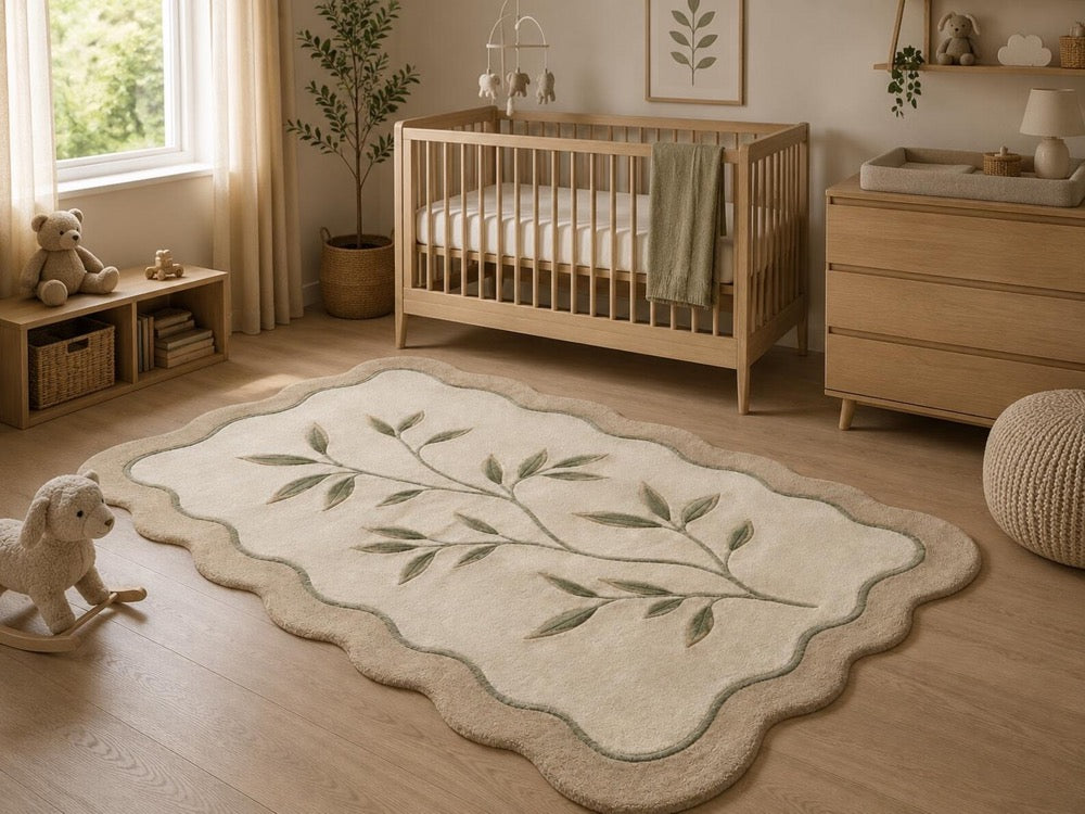 Hand Tufted Wool Botanical Leaf Scalloped Rug, Neutral Beige Sage Area Carpet