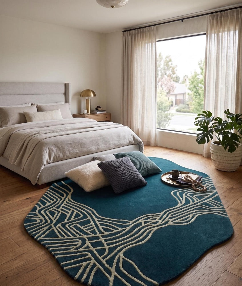 Abstract Blue Hand Tufted Rug, Wavy Line Modern Area Rug, Minimalist Irregular Carpet, Cozy Home Decor