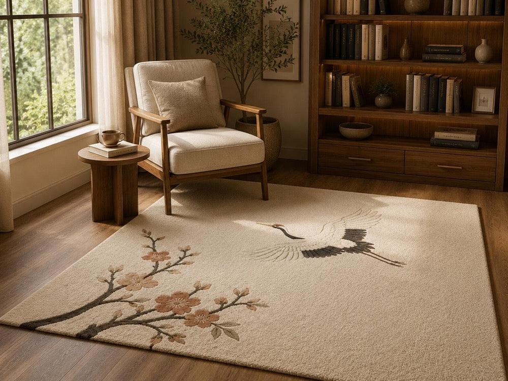 Hand Tufted Crane Cherry Blossom Area Rug – Japandi Zen Beige Carpet