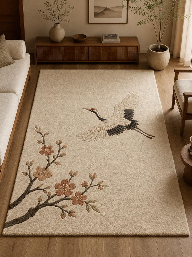 Hand Tufted Crane Cherry Blossom Area Rug – Japandi Zen Beige Carpet