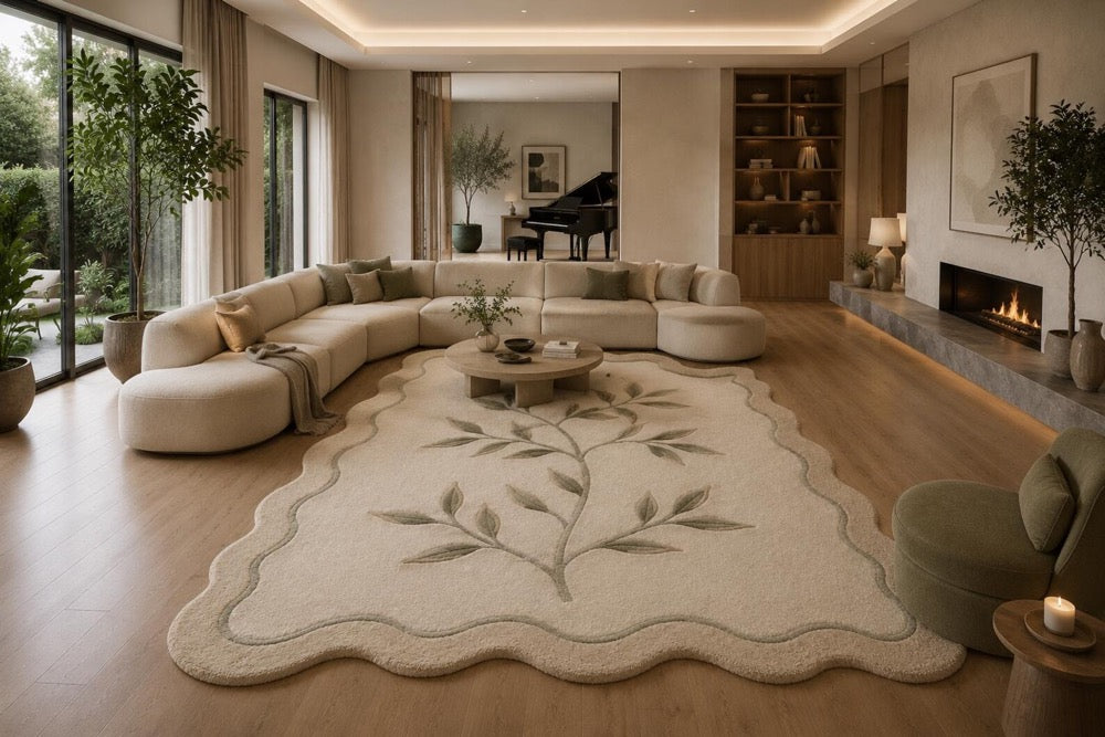 Hand Tufted Wool Botanical Leaf Scalloped Rug, Neutral Beige Sage Area Carpet