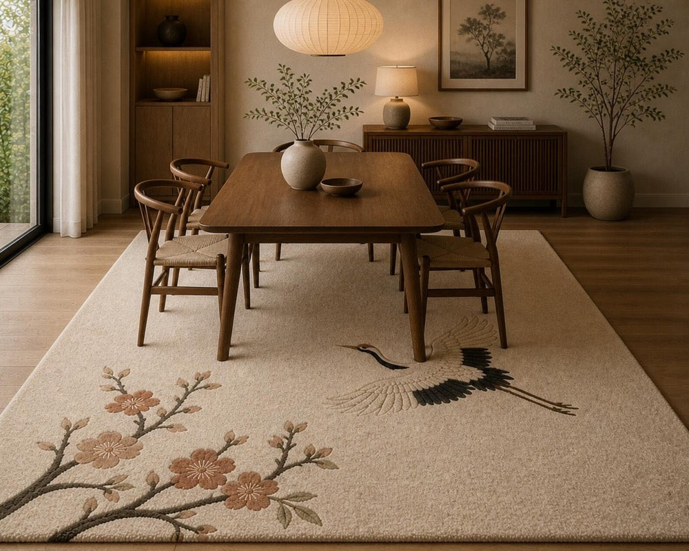 Hand Tufted Crane Cherry Blossom Area Rug – Japandi Zen Beige Carpet
