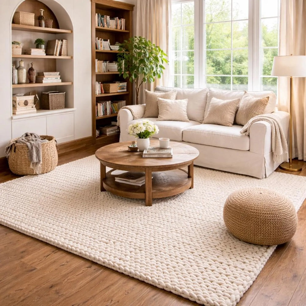 Handmade Chunky Knit Wool Rug, Cream Area Rug, Cozy Carpet, Modern Living Room Decor