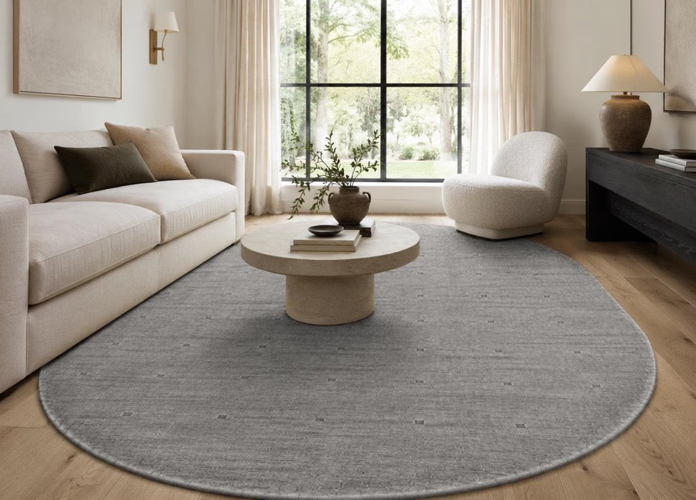 Grey Oval Hand Tufted Wool Rug, Modern Minimalist Scandinavian Carpet