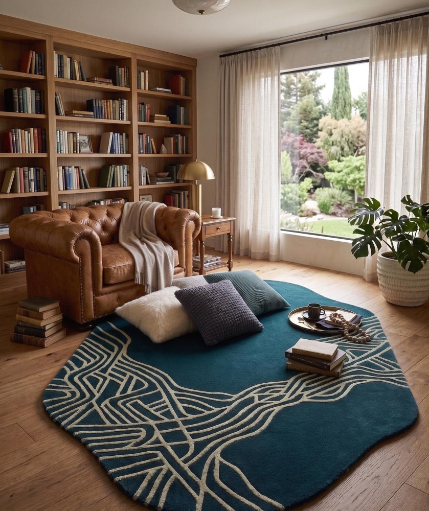 Abstract Blue Hand Tufted Rug, Wavy Line Modern Area Rug, Minimalist Irregular Carpet, Cozy Home Decor