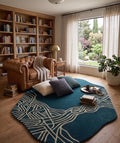 Abstract Blue Hand Tufted Rug, Wavy Line Modern Area Rug, Minimalist Irregular Carpet, Cozy Home Decor