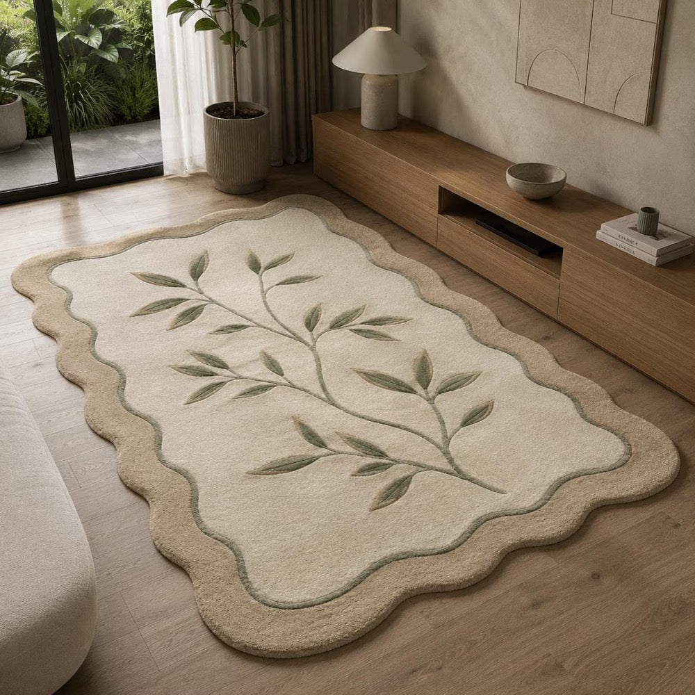 Hand Tufted Wool Botanical Leaf Scalloped Rug, Neutral Beige Sage Area Carpet