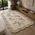 Hand Tufted Wool Botanical Leaf Scalloped Rug, Neutral Beige Sage Area Carpet
