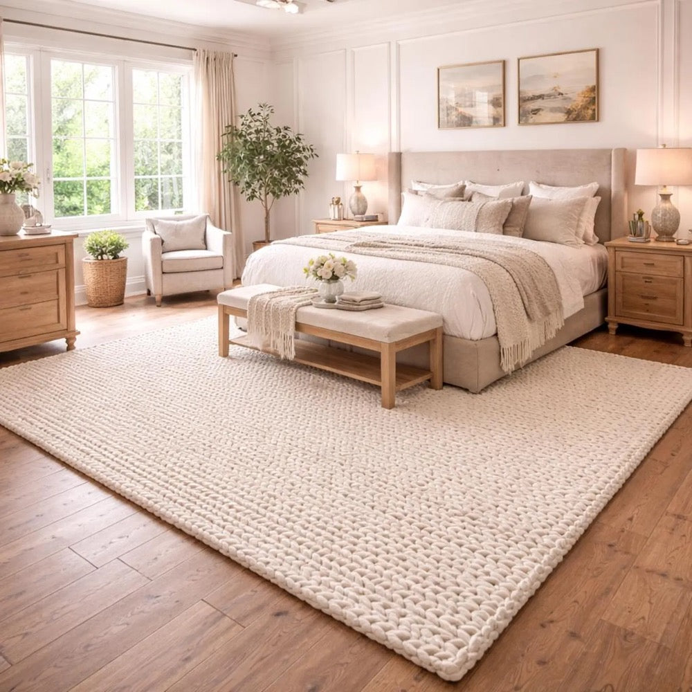 Handmade Chunky Knit Wool Rug, Cream Area Rug, Cozy Carpet, Modern Living Room Decor