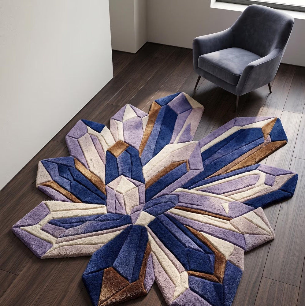 Crystal Cluster Hand Tufted Rug, Amethyst Geometric Area Carpet, Purple Blue Abstract Statement Rug, Modern Home Decor, Living Room decor