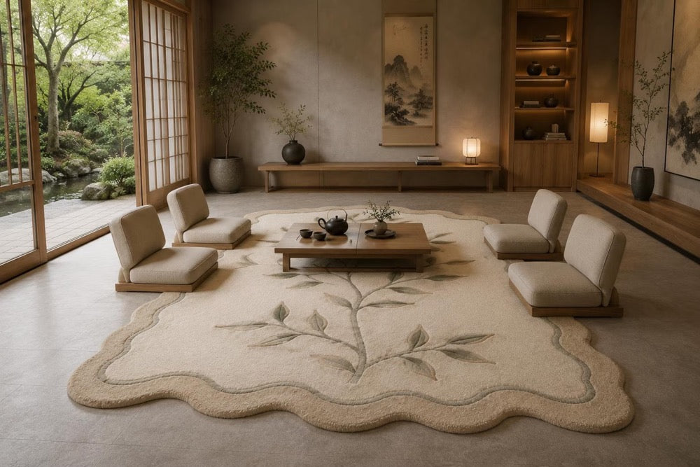 Hand Tufted Wool Botanical Leaf Scalloped Rug, Neutral Beige Sage Area Carpet