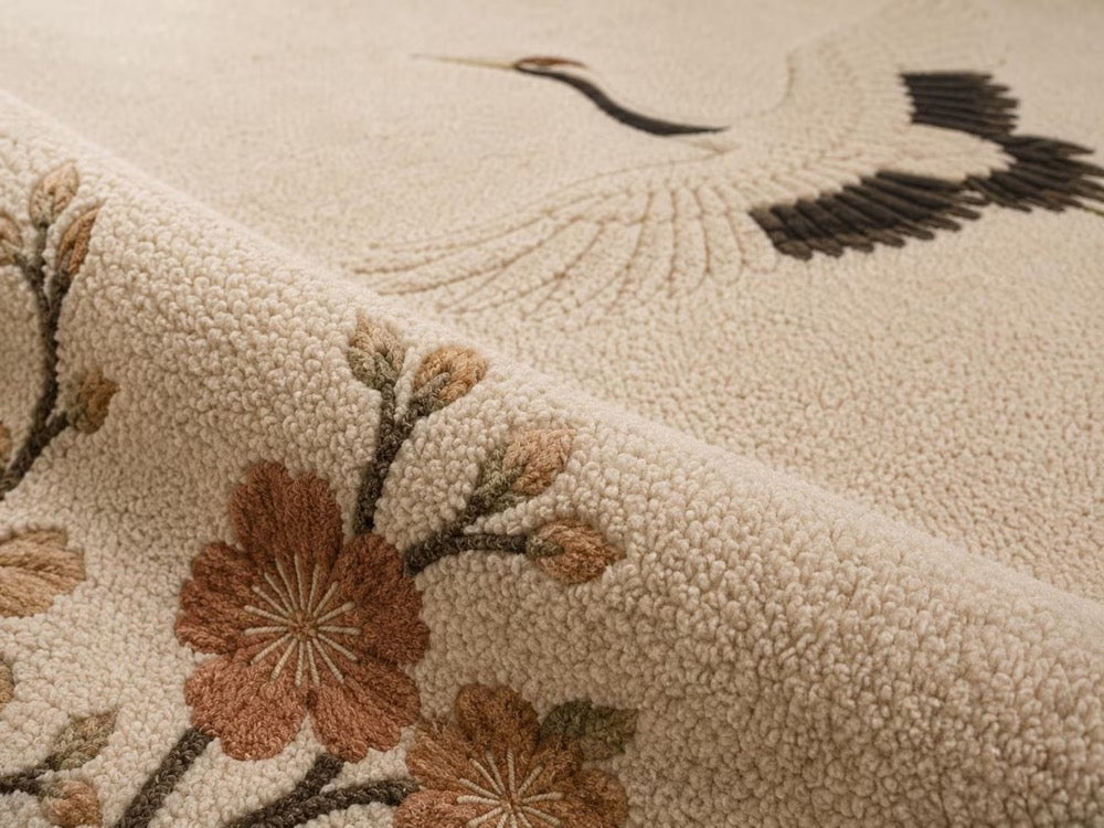 Hand Tufted Crane Cherry Blossom Area Rug – Japandi Zen Beige Carpet