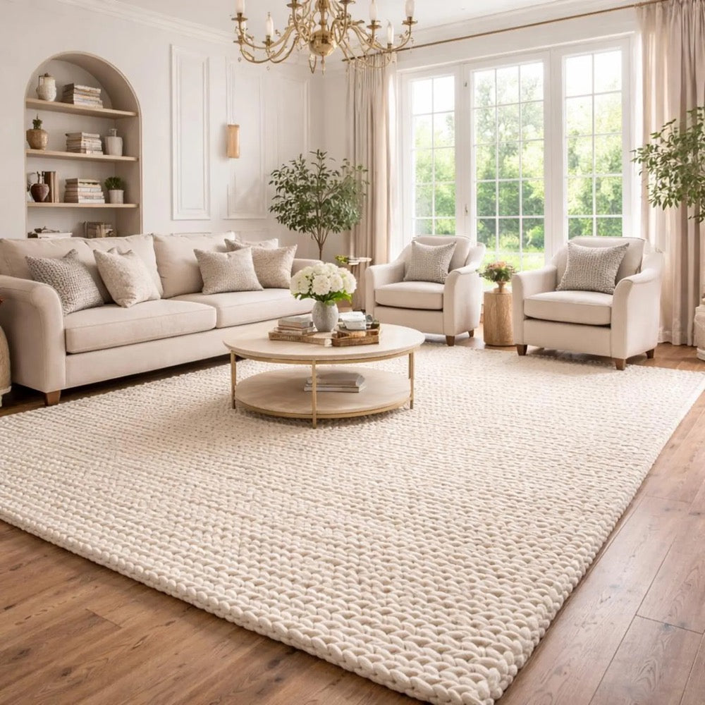 Handmade Chunky Knit Wool Rug, Cream Area Rug, Cozy Carpet, Modern Living Room Decor