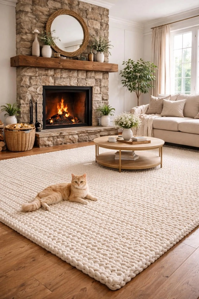 Handmade Chunky Knit Wool Rug, Cream Area Rug, Cozy Carpet, Modern Living Room Decor