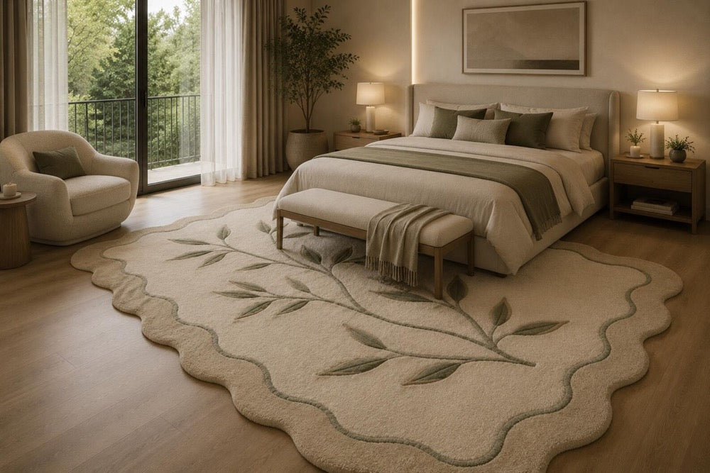 Hand Tufted Wool Botanical Leaf Scalloped Rug, Neutral Beige Sage Area Carpet